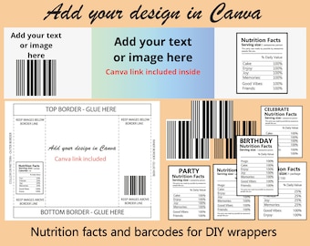 Party favour bundle, nutrition facts png,barcode, party nutritional facts, water bottle label, chip wrapper template, chip bag template