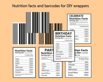 Nutrition facts png,barcode, party nutritional facts, water bottle label, tablechip wrapper template, candy wrapper,chip wrap png,diy,favor