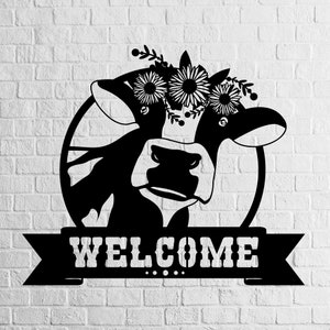 Cow Welcome sign DXF CNC, Cow Svg dxf file for laser, Cow Svg File for Cricut, Cow Png Jpg Pdf Svg Dxf, floral ranch decor,Farm animal svg