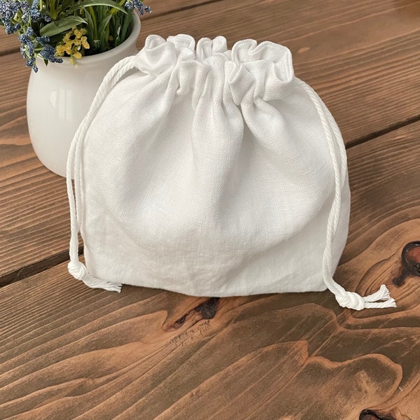 Linen Drawstring Pouch / White Linen Drawstring Bag