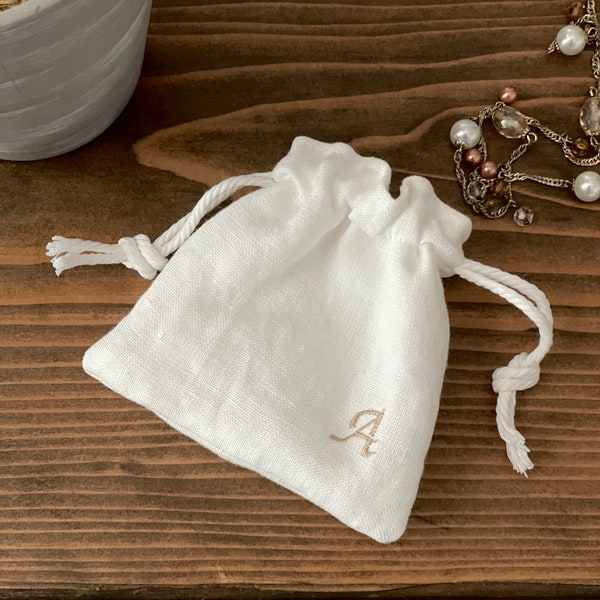 Small Linen Initial Drawstring Bag / Monogram Linen Jewelry Bag / Jewelry Bag / Jewelry Pouch / Linen Drawstring Pouch / OFF WHITE