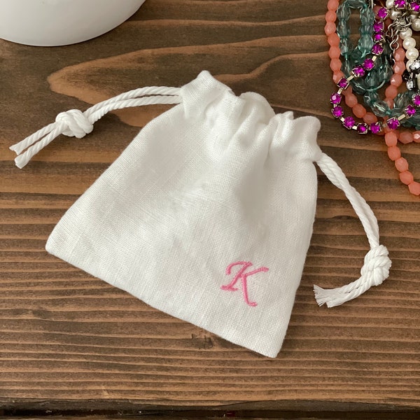 Small Linen Initial Drawstring Bag / Monogram Linen Jewelry Bag / Jewelry Bag / Jewelry Pouch / Linen Drawstring Pouch / OFF WHITE