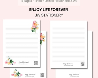 JW Stationery Enjoy Life Forever QR code, Jehovah Witness Letter Writing templates, jw stationery download, lined + blank, Letter & A4