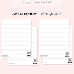 May include: Four blank lined pages with a QR code on each page. The pages are labelled with the text "Online Bible Study Lessons", "Why Does God Allow Suffering?", "Enjoy Life Forever - An Interactive Bible Course", and "Why Pray?" The text "JW Stationery | With QR Code" is at the top of the image. The text "Instant Download 4 pages - letter size & A4" is at the top of the image. The text "created by Alla Lily" is at the bottom of the image.