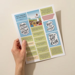 Puede incluir: Una hoja impresa con el texto "JESUS' SERMON ON THE MOUNT" e ilustraciones. La hoja está sostenida por una mano y presenta cuadros coloridos con versículos bíblicos e imágenes de personas y Jesús. El texto incluye "Bienaventurados los pobres en espíritu".