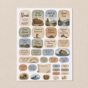 May include: A sticker sheet featuring various illustrations and text related to the biblical story of Noah. The designs include the ark, a rainbow, animals, and inspirational phrases like Build the Ark, Walk by Faith, and Stand Firm in muted tones.