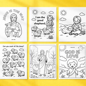May include: Six black and white colouring pages with religious themes. The pages show Jesus with a lamb, the phrase "I am the good shepherd," and other biblical scenes. The text includes "Jesus is the way," and "God is love."