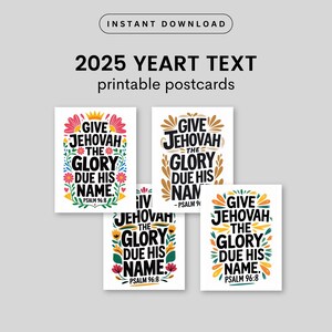 Texte de l'année 2025 Cartes postales imprimables JW, cadeau pour les Témoins de Jéhovah Cartes de l'année textuelles pour sœurs colorées