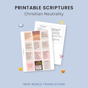 May include: Printable cards with Christian scriptures about neutrality, featuring pink and white text on a light pink background. The text includes quotes from the New World Translation of the Bible, such as "Keep seeking first the kingdom" and "God's kingdom will crush all other kingdoms and stand forever."