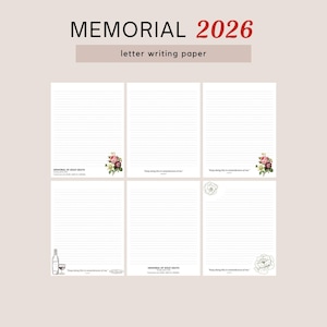 Peut inclure: Papier à lettres ligné avec le texte "MEMORIAL 2026" et "letter writing paper". Le papier présente des illustrations florales et des dessins au trait. Le papier est blanc avec un fond beige.