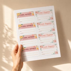 Peut inclure: Une feuille de papier avec plusieurs étiquettes rectangulaires. Chaque étiquette affiche le texte "ETERNAL HAPPINESS" dans une bannière rose avec des accents floraux. Des espaces sont prévus pour "Nom" et "Congrégation".