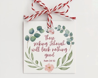 JW Gift Tags Printable Floral Labels for Jehovah’s Witnesses With Encouraging Scripture Psalm 34:10 (digital download)