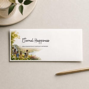 May include: White envelope with the text "Eternal Happiness" in a cursive font. The envelope features an illustration of a waterfall and people. The text "2026 CONVENTION OF JEHOVAH'S WITNESSES" is also printed on the envelope.