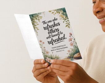 Biglietto di auguri di ringraziamento per l'ospitalità, stampabile, Proverbi 11:25, incoraggiamento alla gratitudine cristiana, regalo (download digitale)