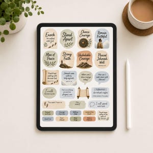 Puede incluir: Una pantalla de tableta digital que muestra una colección de pegatinas con temas religiosos en colores pastel suaves. Las pegatinas presentan varias frases inspiradoras, ilustraciones de pergaminos, escudos, huellas y paisajes con textos como Enoch, Stand Apart y Choose Courage.