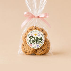 Puede incluir: Una bolsa de plástico transparente llena de galletas con chispas de chocolate, atada con una cinta rosa claro. Una pegatina circular en el frente presenta el texto "2026 Convention of Jehovah's Witnesses" y "Eternal Happiness" con flores y mariposas.
