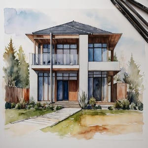 May include: Watercolor painting of a modern two-story house with a dark gray roof and wooden accents. The house features large windows, a balcony with glass railings, and a wooden front door. Landscaping includes a walkway, grass, and trees.
