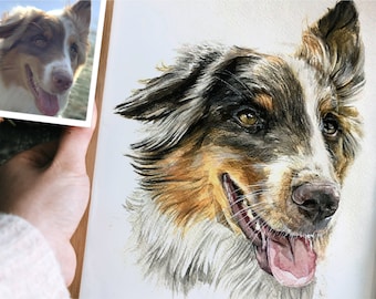 Handmade Dog Portrait - from Your Photo or photos l personal individual gift l pet memorial l Watercolor on Art Paper -