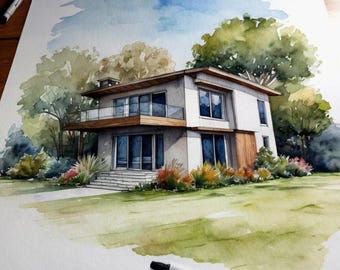 Hausporträt handgemalt personalisiert | Aquarellgemälde nach Foto | Einzigartiges Geschenk & Andenken für Hausbesitzer