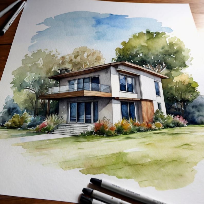 May include: Watercolor painting of a modern two-story house with large windows and a wooden balcony. The house is surrounded by lush greenery, including trees and bushes, with a blue sky backdrop. The artwork is on white paper with pens in the foreground.