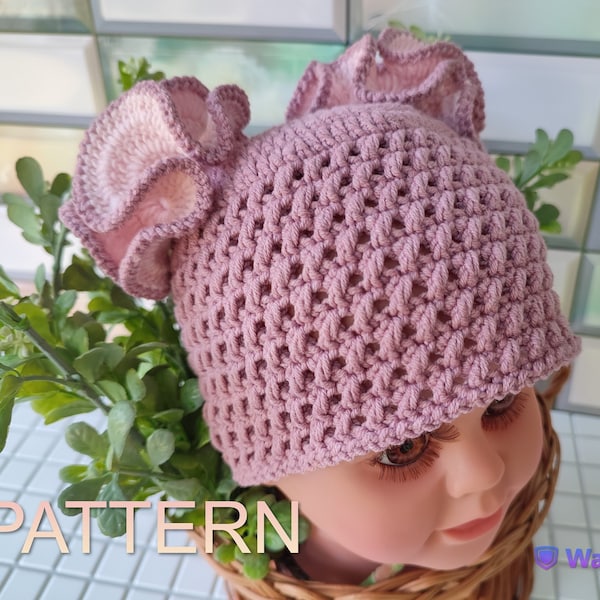 Crochet Pattern Kids Hat with Pom Poms Ruffles For Girl.