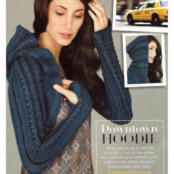 Easy Crochet Pattern Womens Crop Bolero Hooded Long Sleeve. Size XS-2XL.