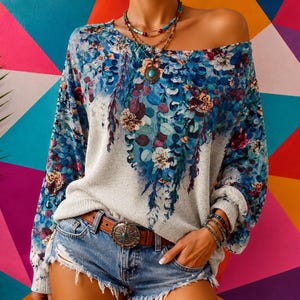 Y2K Women's Top Blue Gray Floral Print Thin Knit Pullover Sweater. M size.