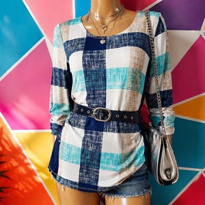 Y2K Women's Top Plaid Tunic Blue Color Block Grid Patchwork Blouse. M size.