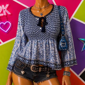 Y2K Women's Top Blue Mixed Pattern Boho Tassel Peasant Blouse. M size.