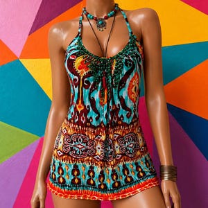 May include: A sleeveless halter-neck top featuring a vibrant multi-colored ikat-inspired print in shades of turquoise, orange, red, and black. The neckline is embellished with a dense cluster of green beads and a matching beaded trim.