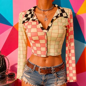 Top corto de manga larga con cuello y estampado de cuadros estilo Y2K para mujer. Talla S.