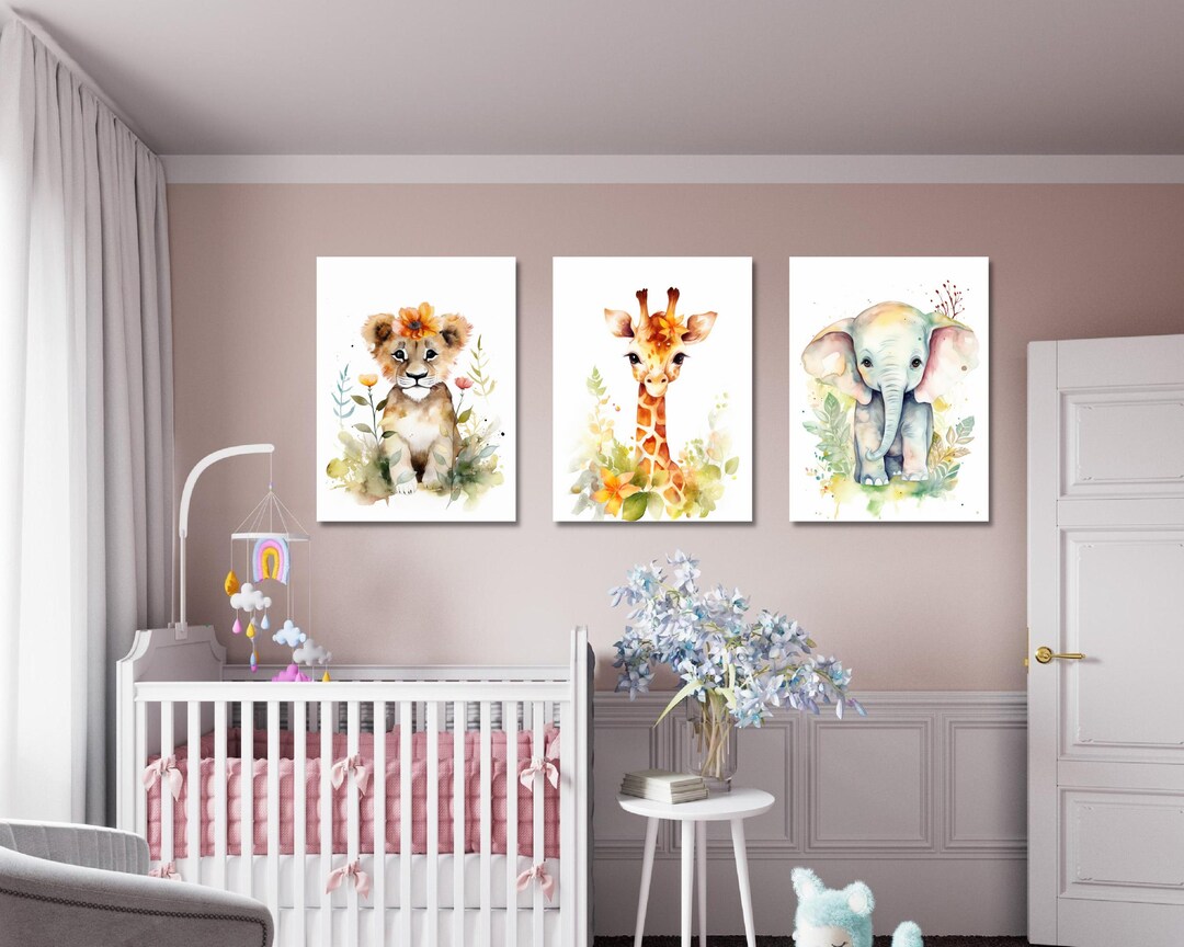 Set of 3 Safari Baby Animal Canvas Elephant Giraffe Lion Etsy