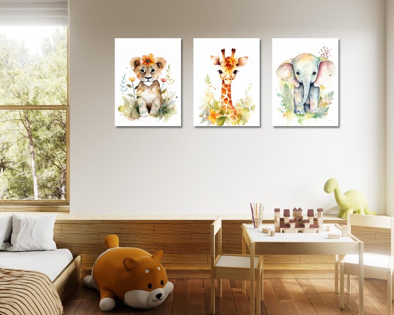 Set of 3 Safari Baby Animal Canvas Elephant Giraffe Lion Etsy