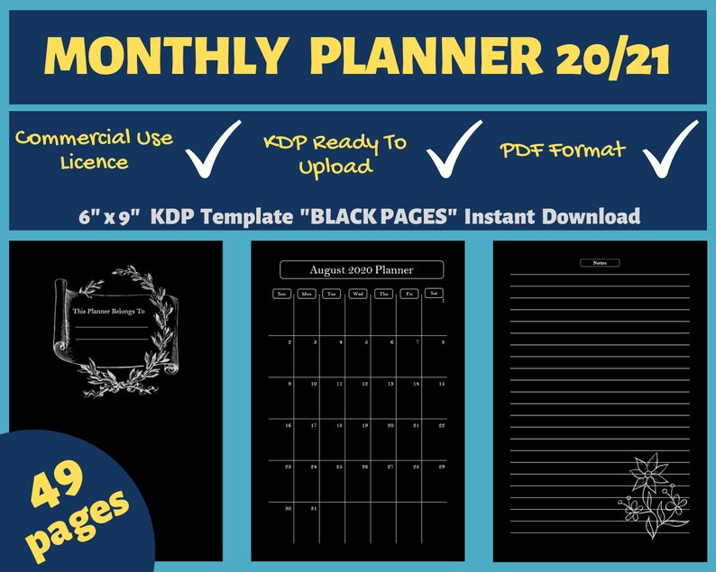 Download 6x9 Instant Download Kdp Interior Commercial Use Licence Monthly Planner 2020 2021 Black Pages Interior Kdp Template Kdp Art Collectibles Prints Lifepharmafze Com