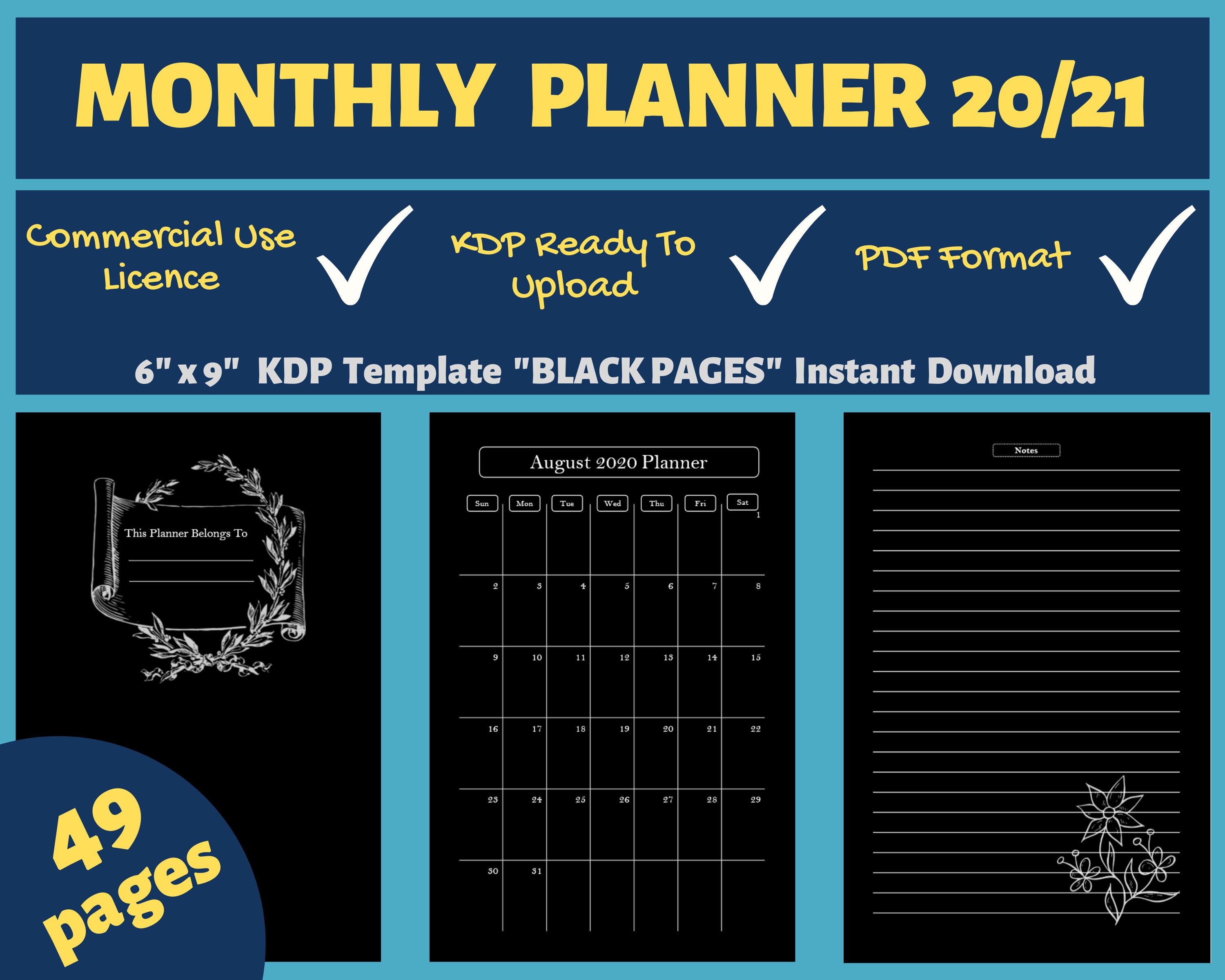 Download Monthly Planner 2020 2021 Black Pages Interior Kdp Template Etsy
