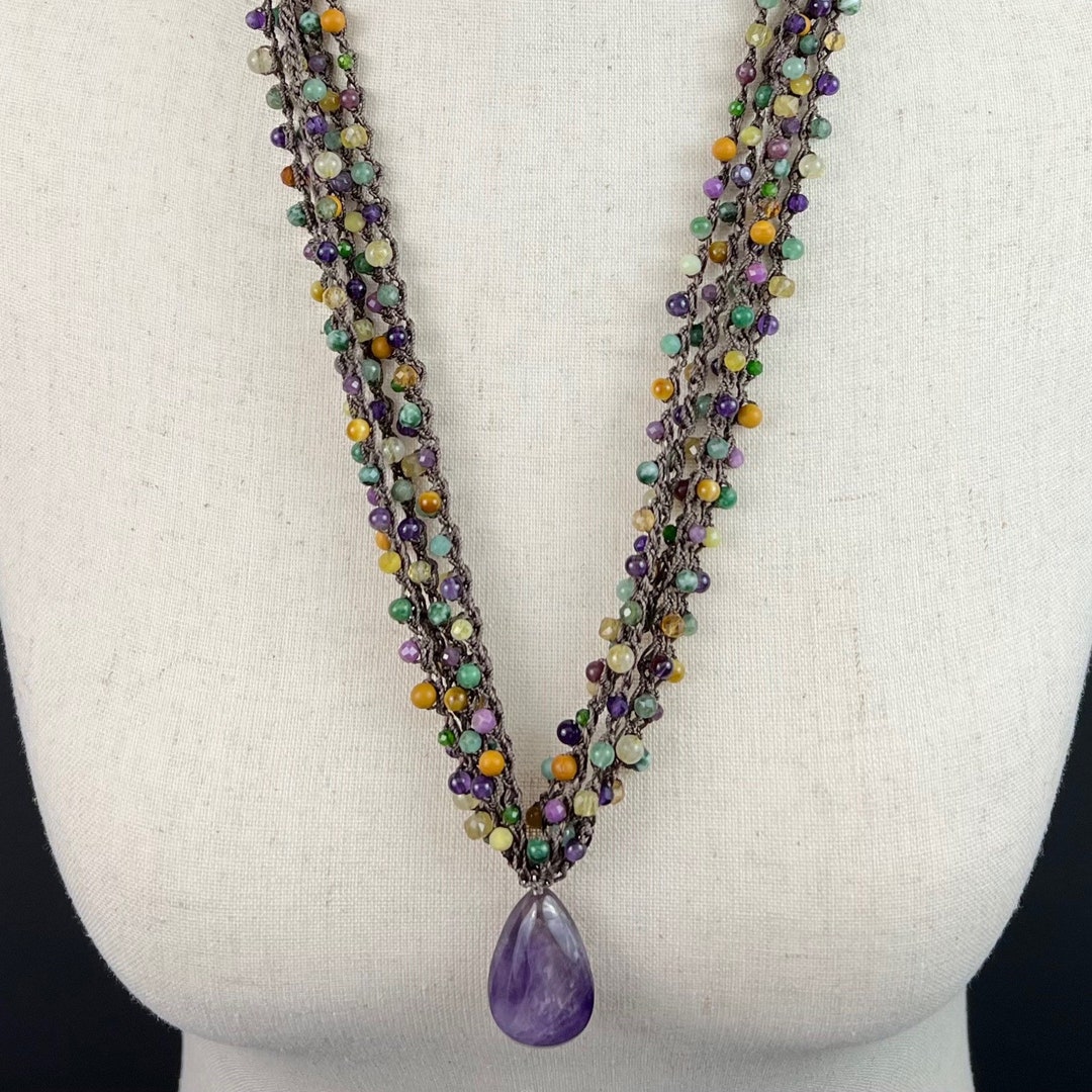 Purple Ruby, Citrine & Emerald Crocheted Multistrand Necklace on Medium ...
