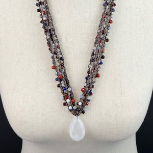 Garnet, Rainbow Moonstone & Iolite Crocheted Multistrand Necklace on Medium Brown Nylon Cord