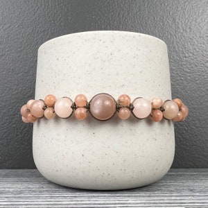 Peach Moonstone & Sunstone Graduated Macramé Bracelet on Medium Brown Cord #1