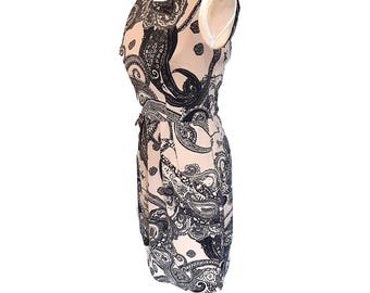 Vintage Rabbitt fitted sheath dress sz 6 tan black paisley rayon sleeveless