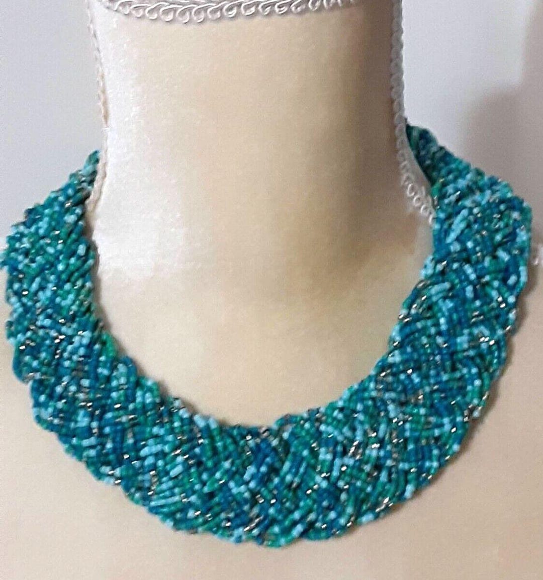 Vintage Teal Seed Bead Collar Necklace Braided 17