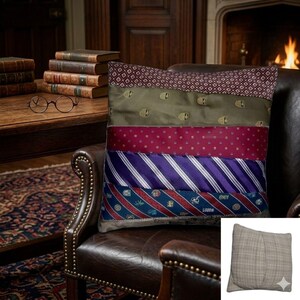 Handmade patchwork necktie throw pillow dark academia menswear crest 13x13