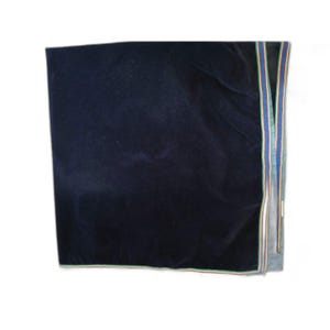 May include: A dark navy blue velvet square with a decorative edge. The edge features stripes of blue, green, and gold. The fabric has a soft, luxurious appearance.