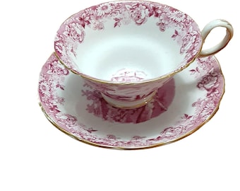 Antique rate Copelands Grosvenor raspberry pink teacup saucer transferware