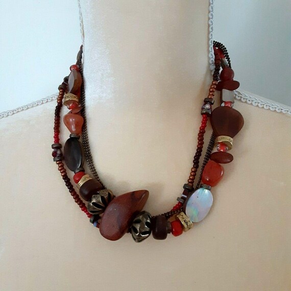 Chicos Chunky 17 Necklace Wood Metal Ceramic Beads Earth Tone