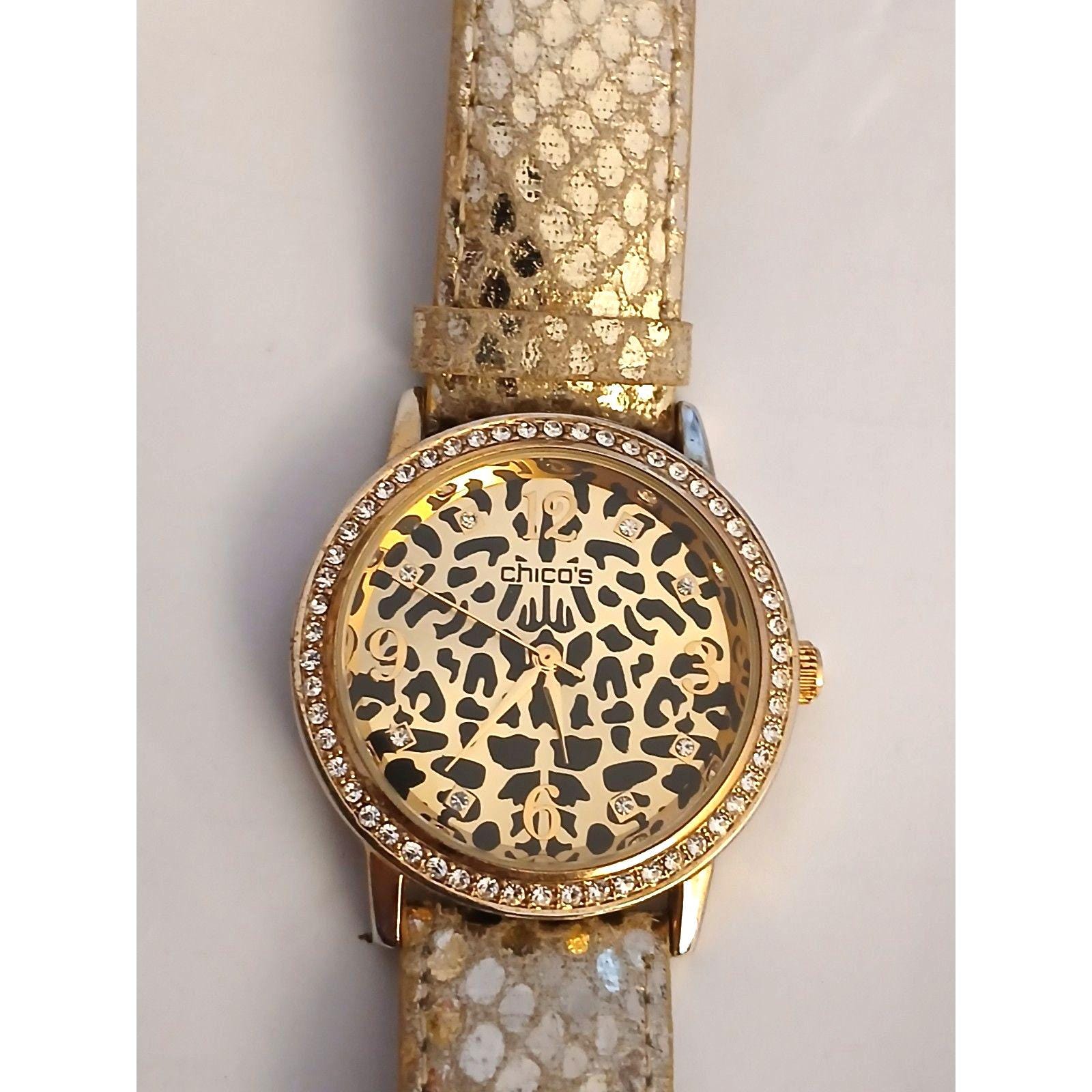 Chicos Gold Tone Leopard Dial Rhinestone Bezel Watch 8 Needs  display picture 3