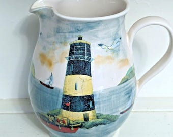 Vintage Oxney Green England 8" Pitcher Lighthouse Sailing Seagreen Ceramic