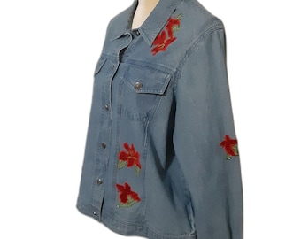 220 Hickory Embroidered Denim Jacket M Blue Red Floral 100% Cotton Jean Jacket