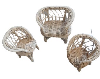 Vintage Dollhouse Wicker Rattan Loveseat & Chairs