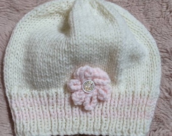 Hand Knitted Baby Hat - Cream and Pink