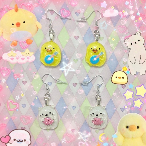 kawaii bear duck miniature pastel decora glitter kidcore cabochon dangle earrings!